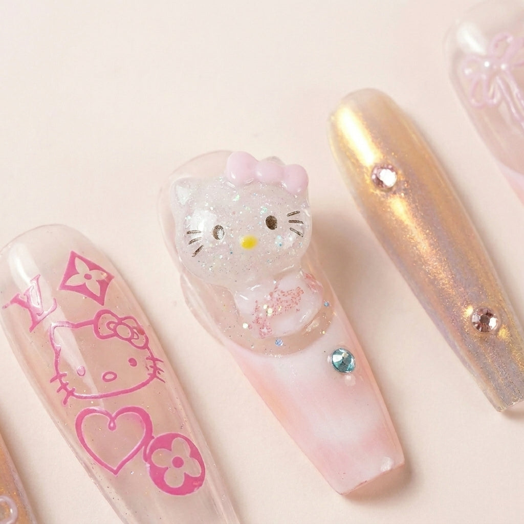 Makro-nærbilde av Y2K Royalty løsnegler — falske negler med lim, med detaljer av holografisk rosa chrome, Hello Kitty 3D charm, rosa Y2K monogram-print og rhinestones.